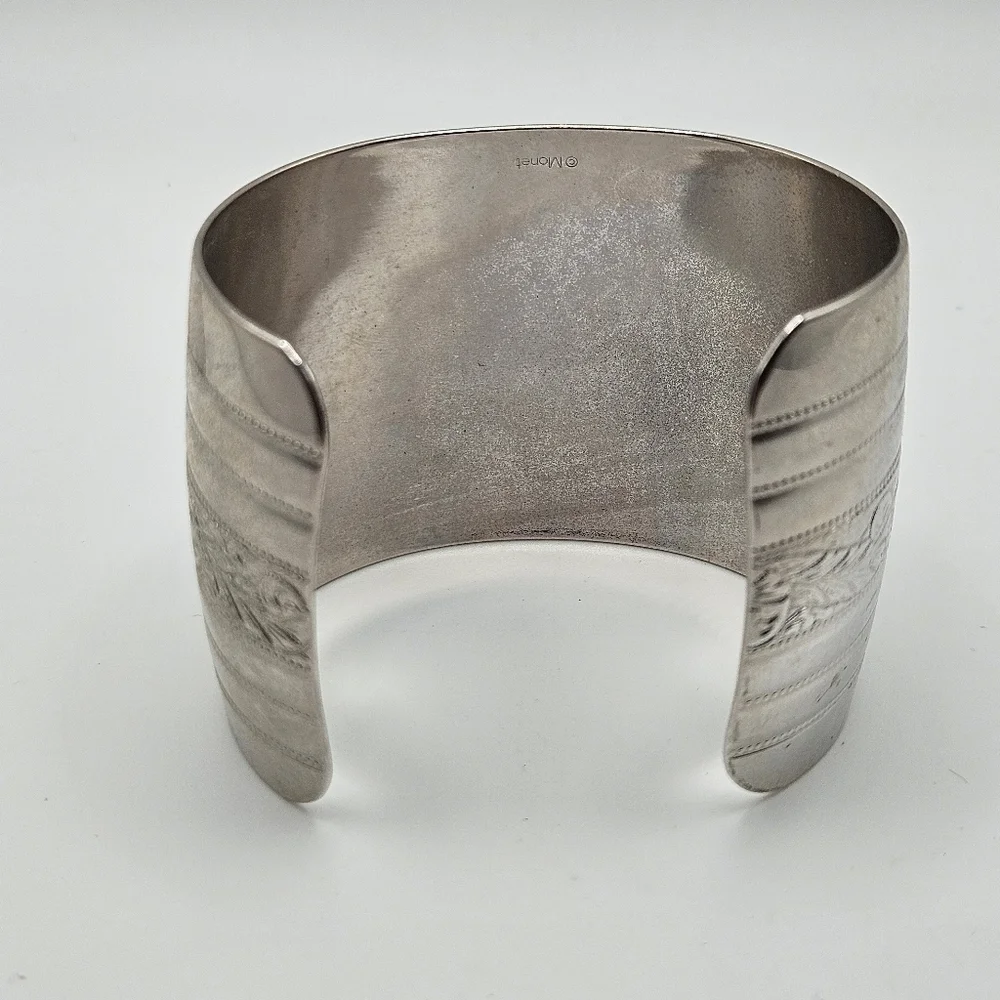 VINTAGE Monet Polished Silver Tone Etched Design Wide 2